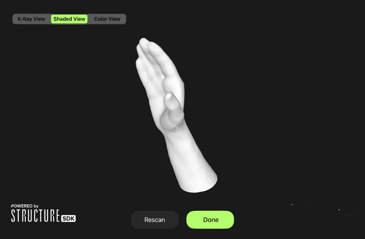The Gero app reviewing a 3D hand scan, with Rescan and Done buttons